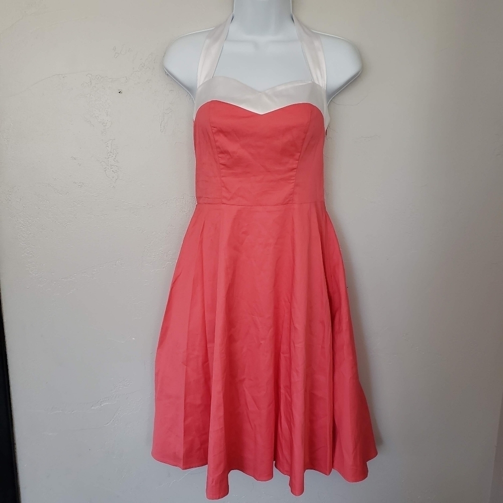 Dress Tells Women's Small Coral Pink Pin Up Dress Halter Top White Satin VLV